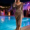 Women's Long Sleeve Velvet Evening Party Dress Cowl Neck Ruched Slit Bodycon Dress Midi Wedding Guest Dress