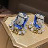 New European and American Light Luxury Sea Blue Zircon Earrings Women's Square Flower Ornaments Elegant Lady Light Luxury Style