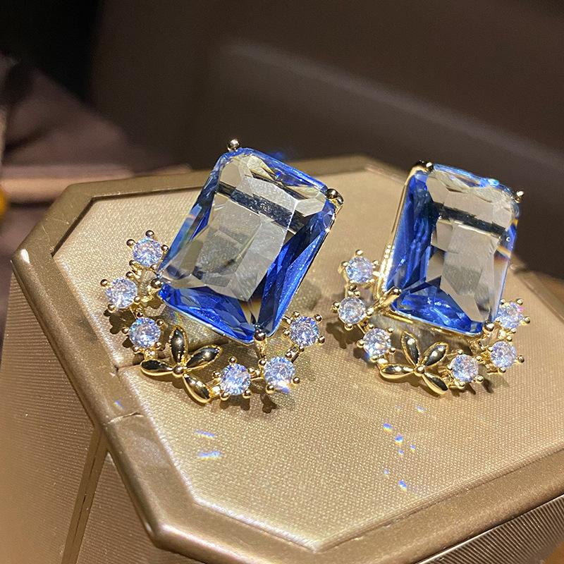 New European and American Light Luxury Sea Blue Zircon Earrings Women s Square Flower Ornaments Elegant Lady Light Luxury Style
