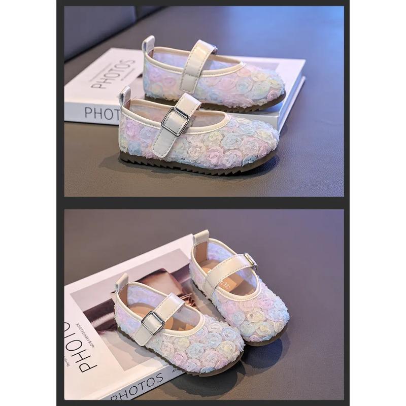 Toddler Girls Lace Floral Mary Jane Flats, Breathable Mesh Princess Shoes with Buckle Strap