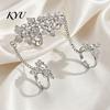 Women Hand Jewelry Rhinestone Flower Link Chain Ring, Bling Floral Leaf Full Finger Ring Statement with Chain, Adjustable Open for Girls