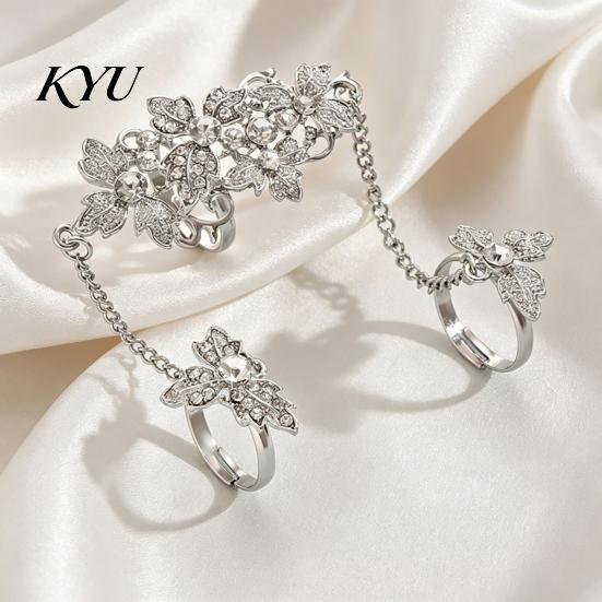 Women Hand Jewelry Rhinestone Flower Link Chain Ring, Bling Floral Leaf Full Finger Ring Statement with Chain, Adjustable Open for Girls