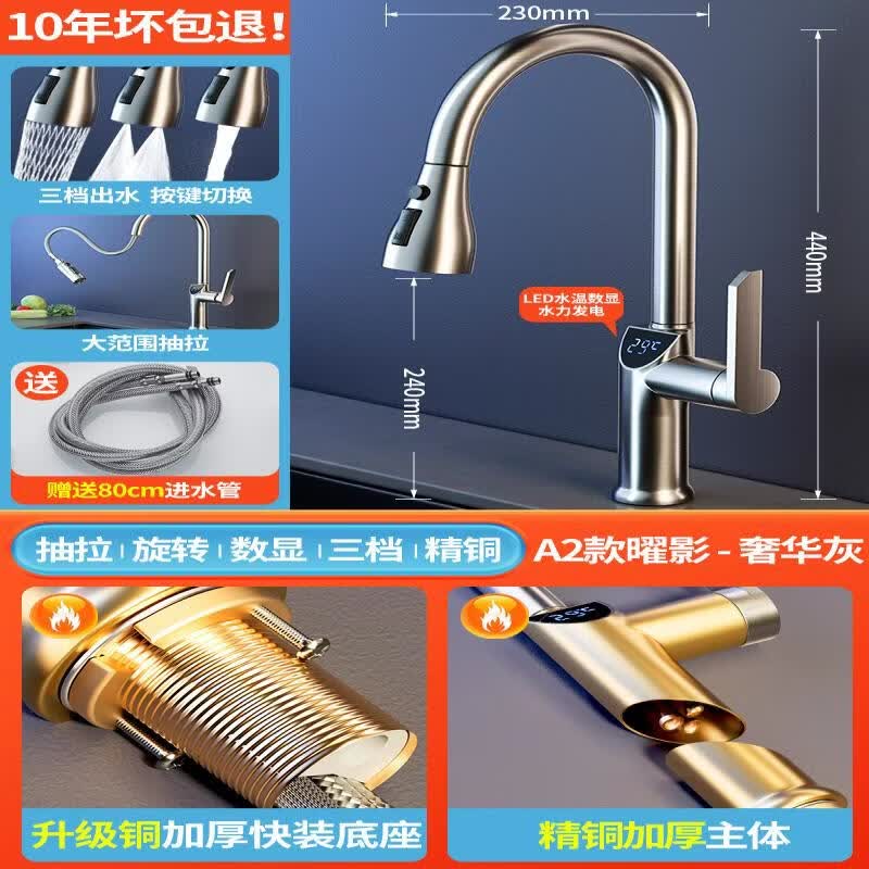 Tai Ju Fu Luxury Grey Digital Pull-Out Kitchen Faucet