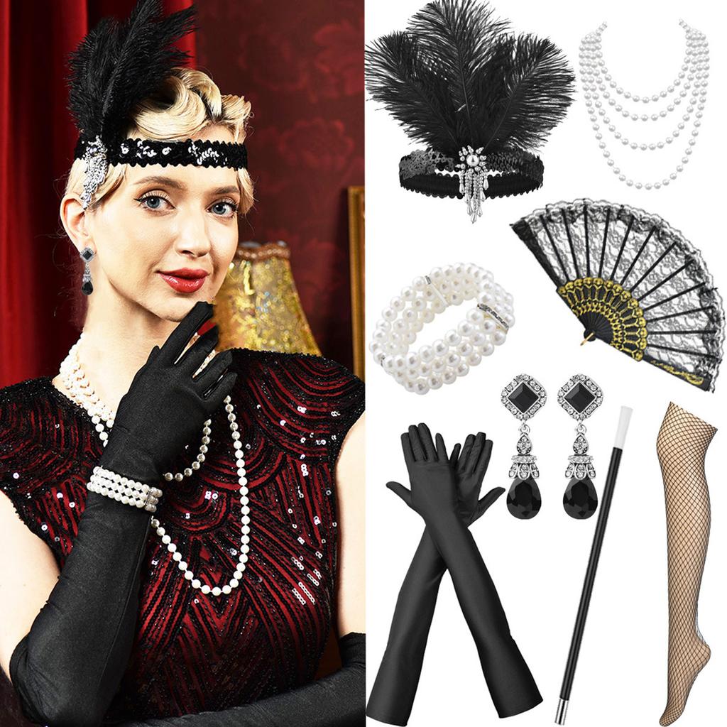 1920er Jahre Flapper Feder Stirnband Perlenkette Armband Ohrringe Set Acht Teile Vintage Stil Accessoires für Kostümparty