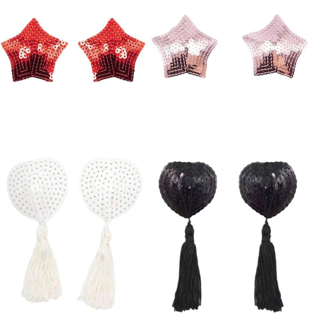 Heart-Shaped Sequin & Star Nipple Pasties with Tassels - Silicone Bra Accessory