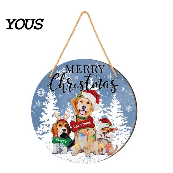 Rustic Christmas Wall Art Hanging Sign, Round Wooden Welcome Cute Dog Gingerbread Retro Holiday Wood Plaque Man Sign for Front Door Porch Decor