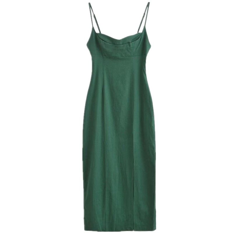 

Fashion Style 2024 Autumn New Women s Slit Silm Sling Midi Skirt Dress Dress 8537395 Green L