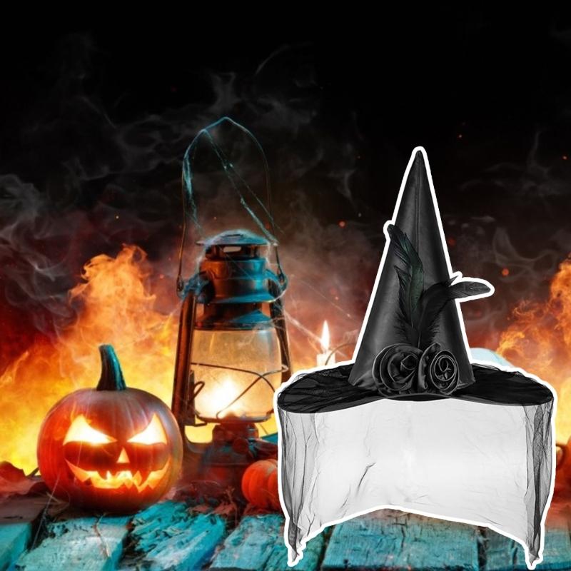 Trend Teen Witch Hat with Black Veil Applique Fashion Adult Teen Flower Witch Hat Halloween Carnivals Cosplay Hat