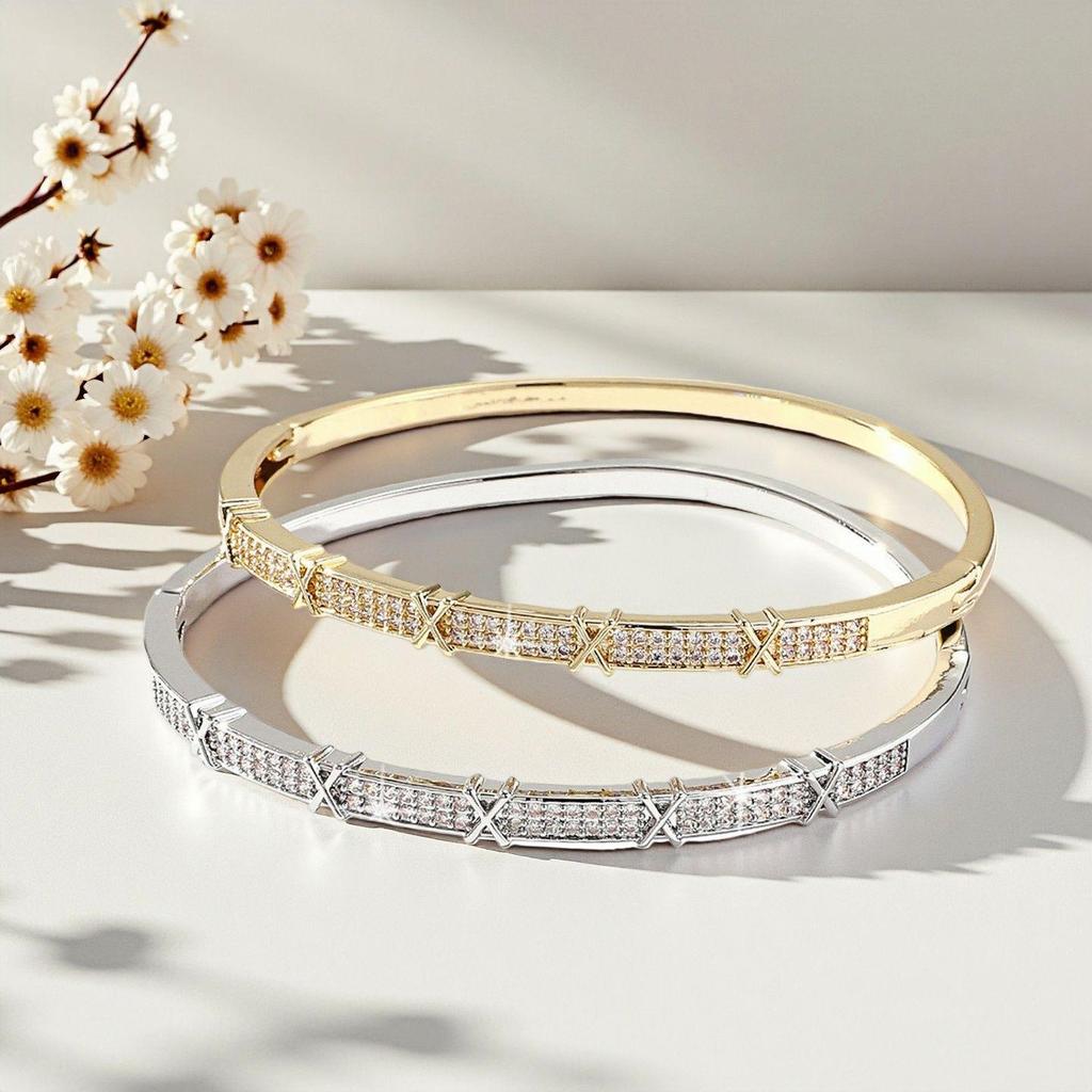 European & American Style Luxury Zircon Bracelet: Versatile Diamond-Studded Women's Bangle with Letter X Design