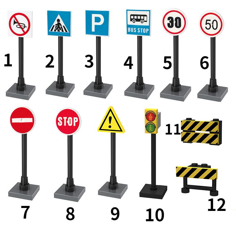 10 Stück Verkehrsschild Licht Lampe Block Ziegel Stadt Straßenansicht Zubehör Wegweiser Barriere Geschwindigkeitsbegrenzer Warnung Kinderspielzeug
