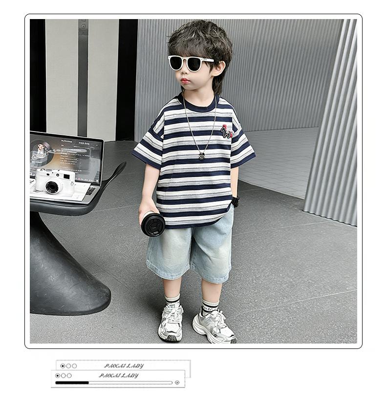 Boys' Summer Striped Short Sleeved Denim Shorts Two-piece Set, Children's Handsome and Versatile Casual Set, Thin