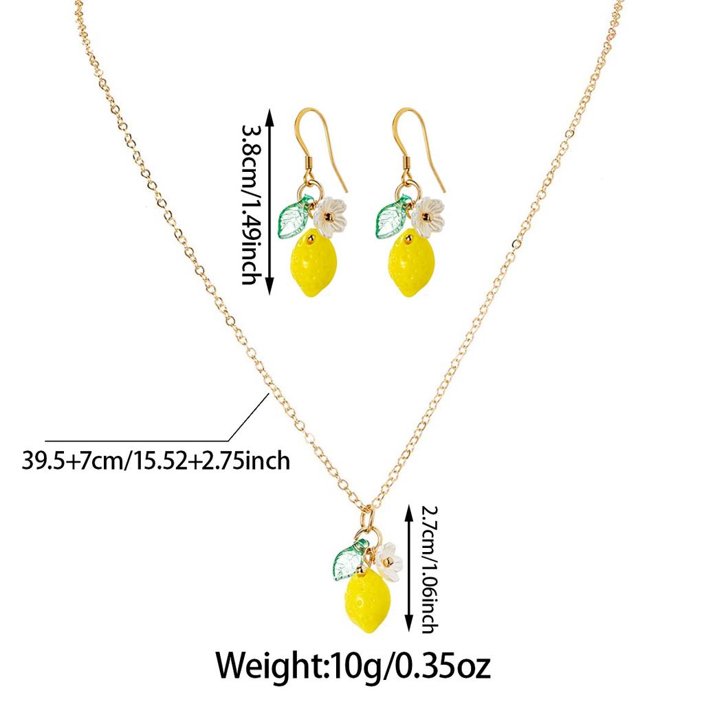 Conjunto de Collar y Pendientes de Limón Fresco, Cadena para Clavícula de Fruta de Verano con Goteo de Aceite, Estilo Dulce y Juvenil Dos Piezas Accesorios para Orejas