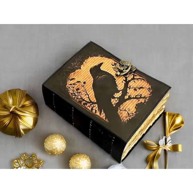 Grimoire Vintage Leather Journal – Raven Grimoire Print, Gothic Spell Book of Shadows, Celestial Witchcraft Journal Gifts
