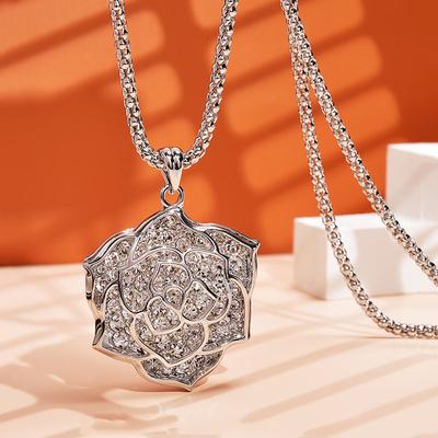 Rosenpullover Kette Damen Lange Atmosphärische Funkelnde Diamant Anhänger Halskette Einfache Accessoires