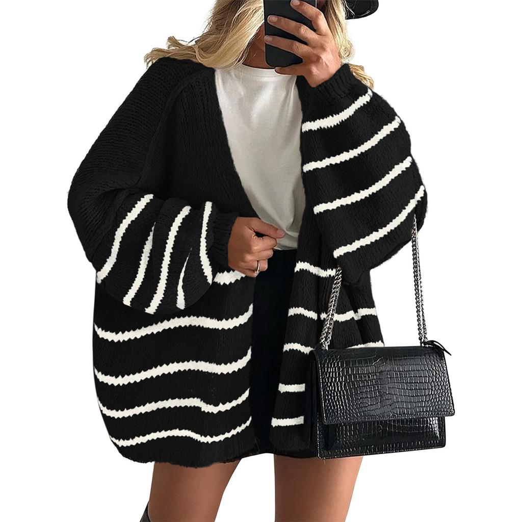 Women's Fashion Stripe Coats Long Sleeved Knitted Casual Cardigan Sweater Jacket