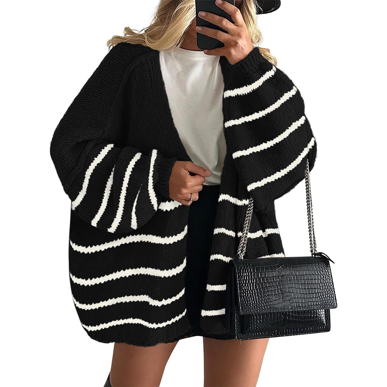 

Женские модные полосатые пальто с длинными рукавами, вязаный повседневный кардиган, свитер, куртка XXL чёрный