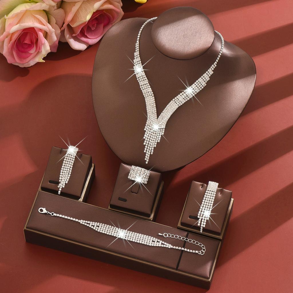 Design Sense Full Diamond Super Flash Tassel Necklace, Earrings, Bracelet Jewelry Set Bridal Jewelry Set