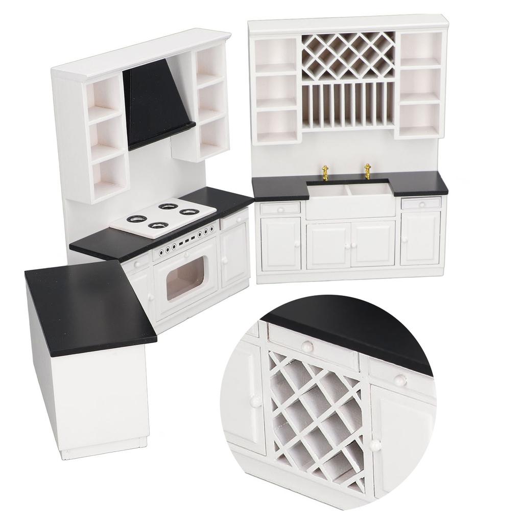 Dollhouse Kitchen Cabinet Set 1/12 Birch Wood Miniature Bar Counter for Dolls House Decoration Dollhouse Kitchen Cabinet Set
