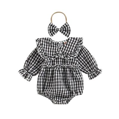 2-teiliges Baby Mädchen Herbst-Outfit, karierter Puppenkragen Langarm Rüschen Strampler + Stirnband Set für Säuglinge, 0-18 Monate