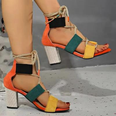 Scarpe da Donna 2025 Nuove Estive con Lacci Frontali Sandali da Donna alla Moda con Colori Misti Sandali Eleganti da Donna Taglie Forti Sandali con Tacco
