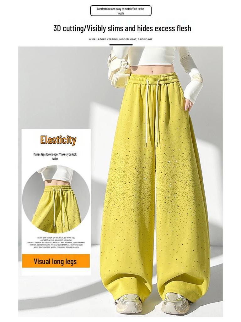 Pantalon de survêtement décontracté large à jambes évasées pour femme, résistant, avec strass, pour le printemps et l'automne