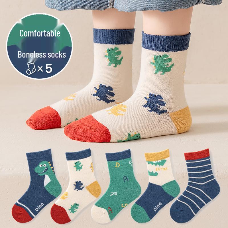 Children's Cartoon Mid-Calf Socks - 5 Pairs for Boys and Girls (Spring, Autumn, Winter)