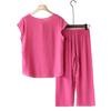 2Pcs/Set Middle-aged Mother Casual Top Crop Pants Set Embroidery Solid Color O-neck Short Sleeve Pleated Elastic Waist Wide Leg Daily Outfit