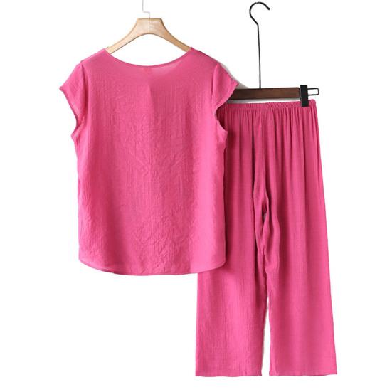 2Pcs/Set Middle-aged Mother Casual Top Crop Pants Set Embroidery Solid Color O-neck Short Sleeve Pleated Elastic Waist Wide Leg Daily Outfit