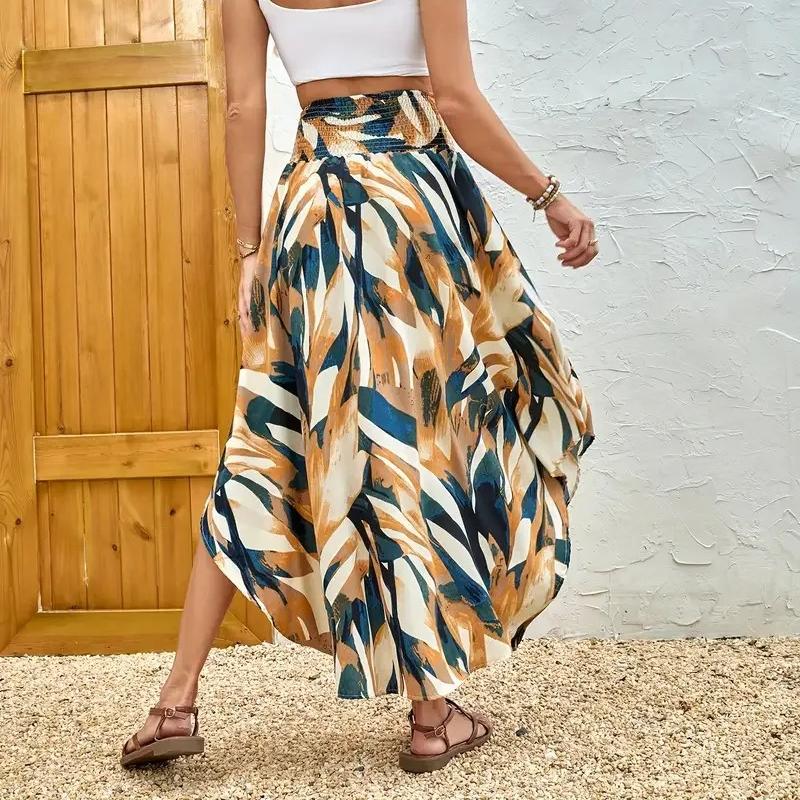 Vintage Floral Print Skirts Women Summer High Waist A-Line Pleated Elastic Long Skirts Casual Holiday Beach Skirt