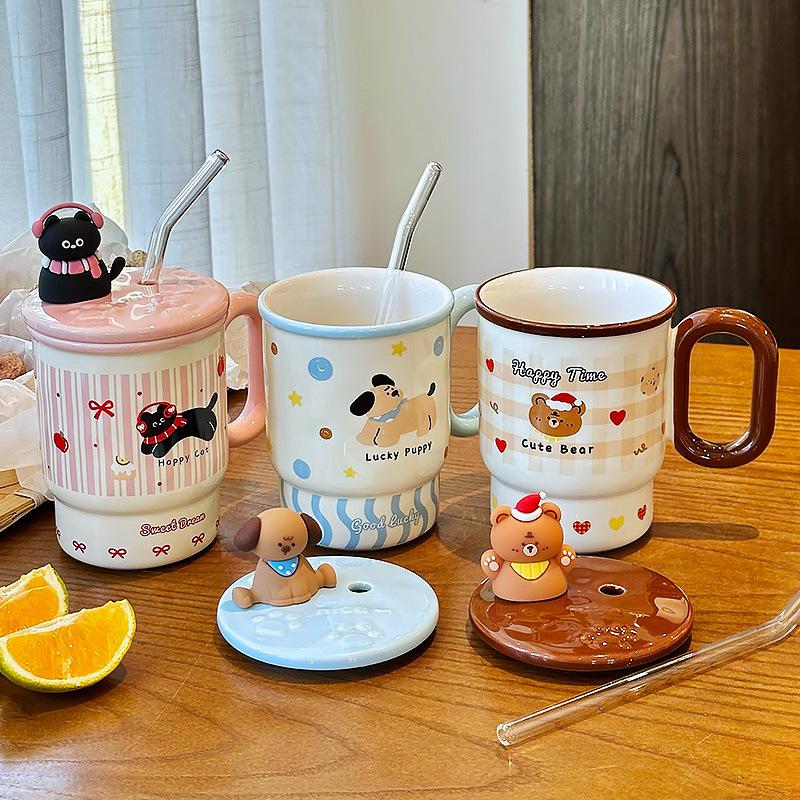 Cute Straw Cup for Drinking Water for Household Ceramic Mug with Lid Water Cup for Girls with High Appearance Office Coffee Cup