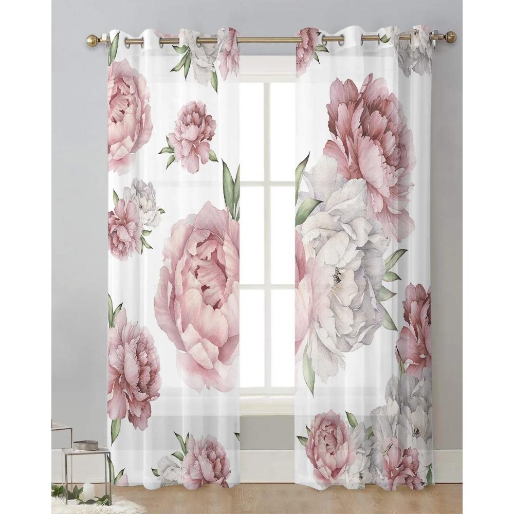 Vintage Flowers Pink Peony White Sheer Curtains for Living Room Decoration Window Curtain Kitchen Tulle Voile Organza Drapes