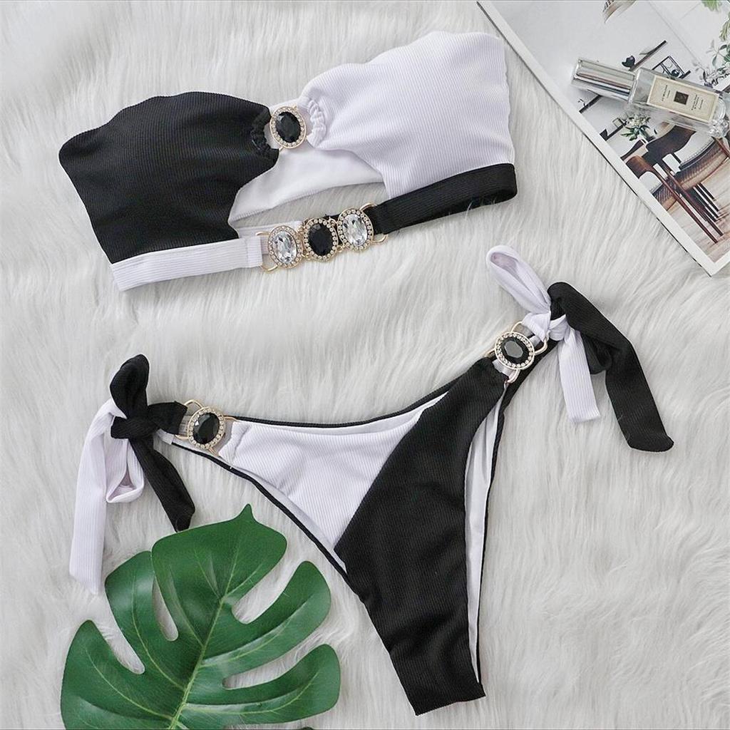 Diament Rhinestone łączenie Bandeau Bikini damski strój kąpielowy kobiety stroje kąpielowe dwuczęściowy zestaw Bikini kąpiel strój kąpielowy pływać