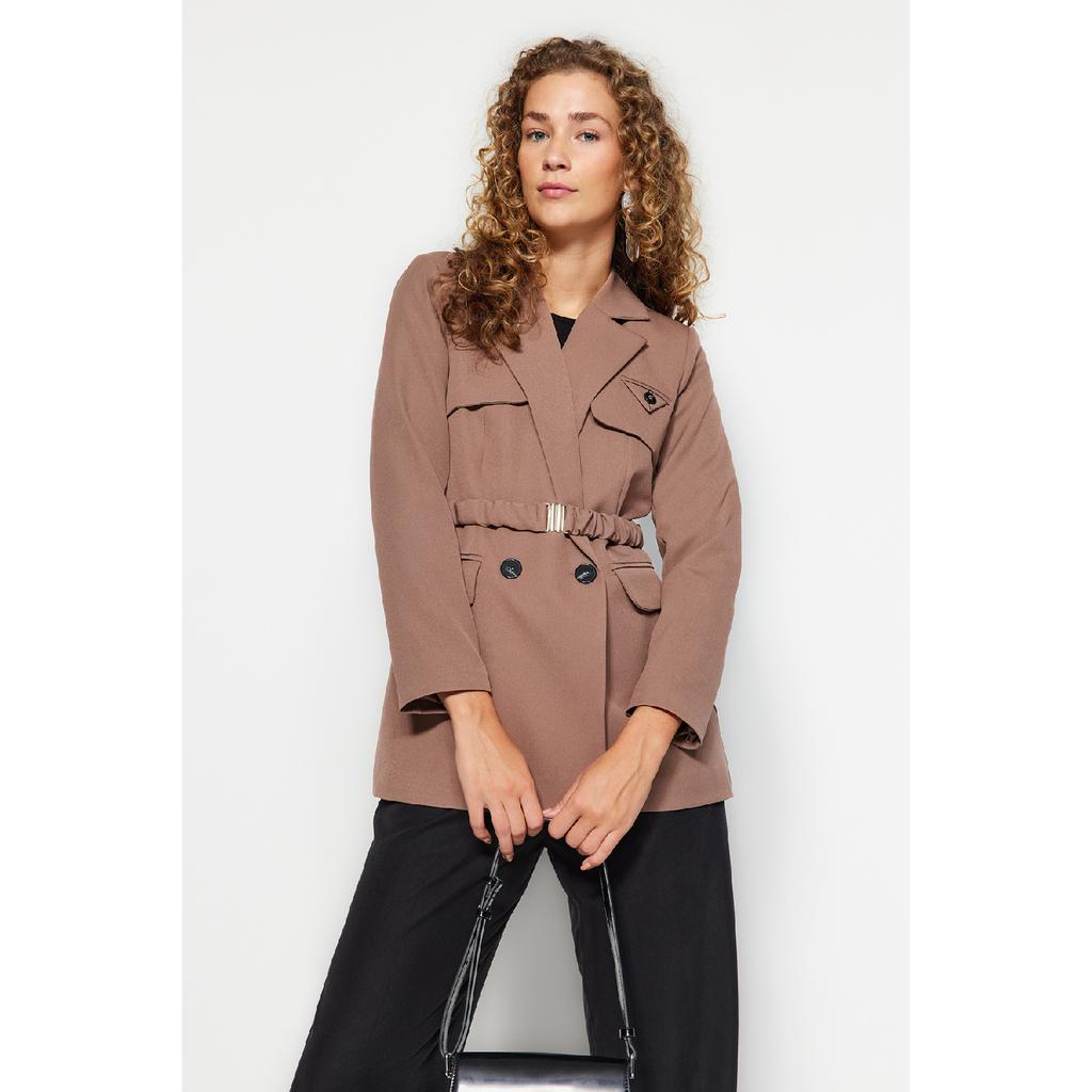 Jachetă maro țesătă cu centură Tctaw24ck00025