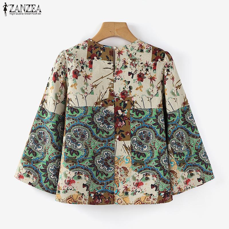 ZANZEA Women Ethnic Print Casual Round Neck 3/4 Sleeve Blouse
