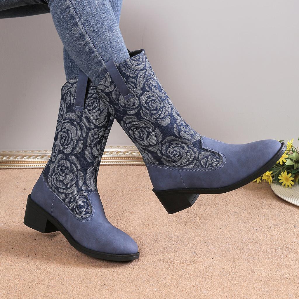 Large size new women's thick heel medium tube fashion boots embroidered sleeve knight boots retro pointed Martin boots women