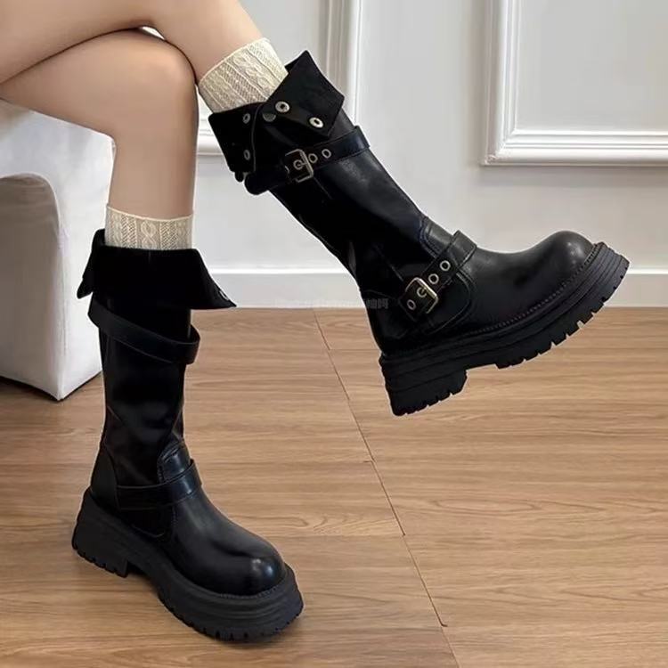 Spot version~ Leather thick-soled Maillard boots women's 2025 spring and autumn retro velvet versatile tall knight boots