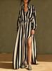 European and American, retro red and white striped shirt long dress, stand-up collar drawstring slit loose dress