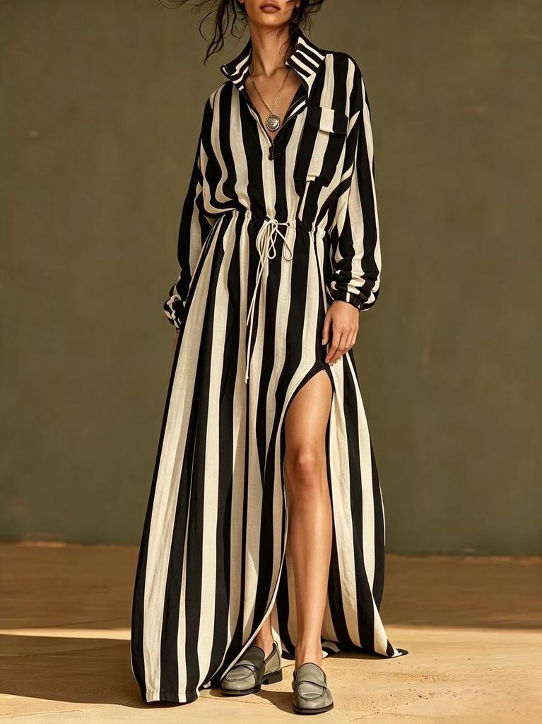 European and American, retro red and white striped shirt long dress, stand-up collar drawstring slit loose dress