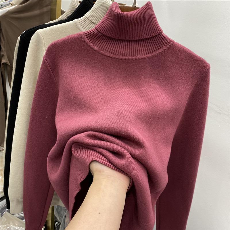 Toamnă Iarnă Gros Cald Catifea Guler Înalt Pulover de Damă Mânecă Lungă Solid Pluș Pulovere Femei Croială Slim Casual Tricotaje Pulovere 25196