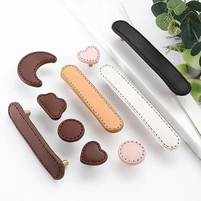 Soft Genuine Leather Drawer Pulls Handle And Knob For Children's Room Cabinet Door Brass Leather Knob Brown Wardrobes Pull