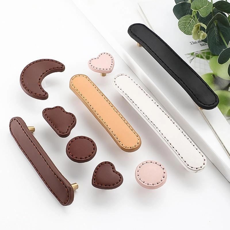 Soft Genuine Leather Drawer Pulls Handle And Knob For Children'S Room Cabinet Door Brass Leather Knob Brown Wardrobes Pull