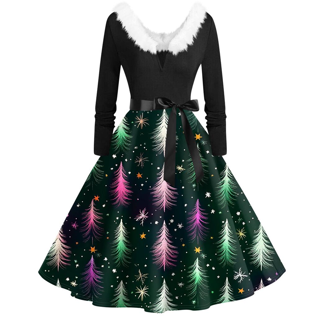 Women's Fashion V-Neck Casual Slim Christmas Printed Long Sleeve Hair Collar Dresses