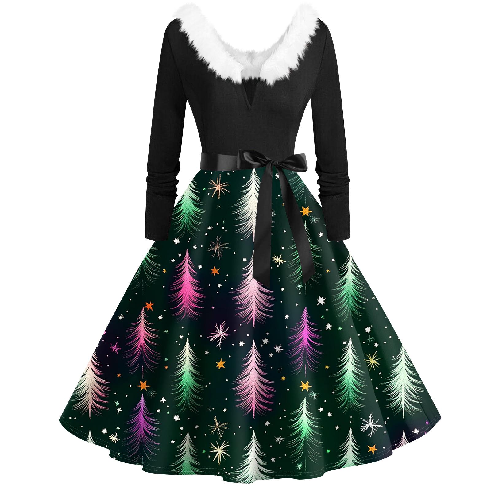 

Женская мода с v-образным вырезом, повседневные тонкие рождественские платья с воротником из волос и длинными рукавами с принтом M