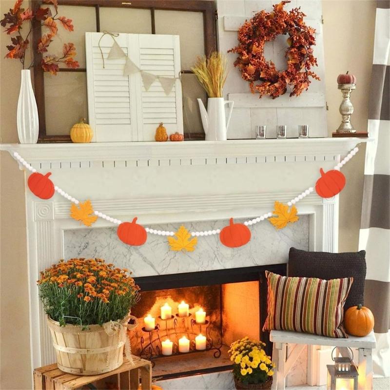 Handmade Wood Beads Ornament Fall Seasonal Decorations Thanksgiving Home Accent Pumpkin Garlands Hanging Decors