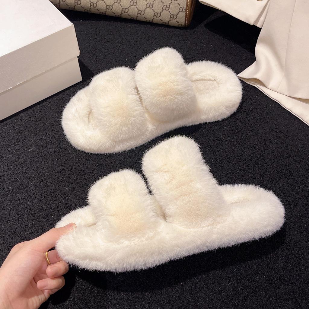 Keep warm at home Mao Mao drag women wear autumn and winter new fashionable thick bottom one-word parallel bar cotton slippers tide