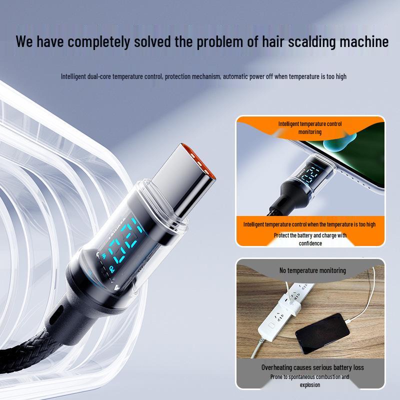 120W Fast Charging Dual Type-C Data Cable with Smart Display for Apple & Huawei Laptops