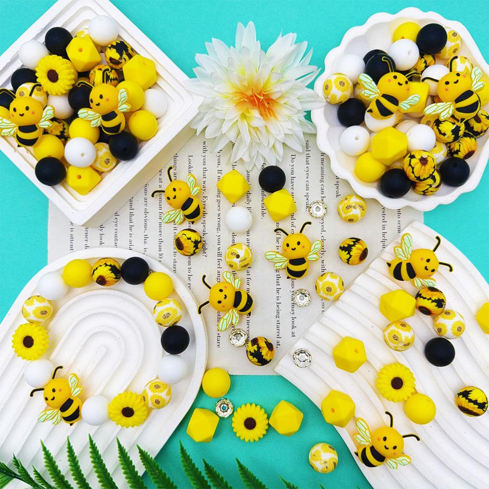 54PCS Bee Daisy Silicone Bead Set, perfect for DIY handmade crafts such as keychains, necklaces, bracelets, etc