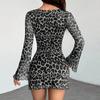 Wind new women's clothing round neck hip wrap short skirt leopard print wooden ear edge horn long sleeve wholesale sexy