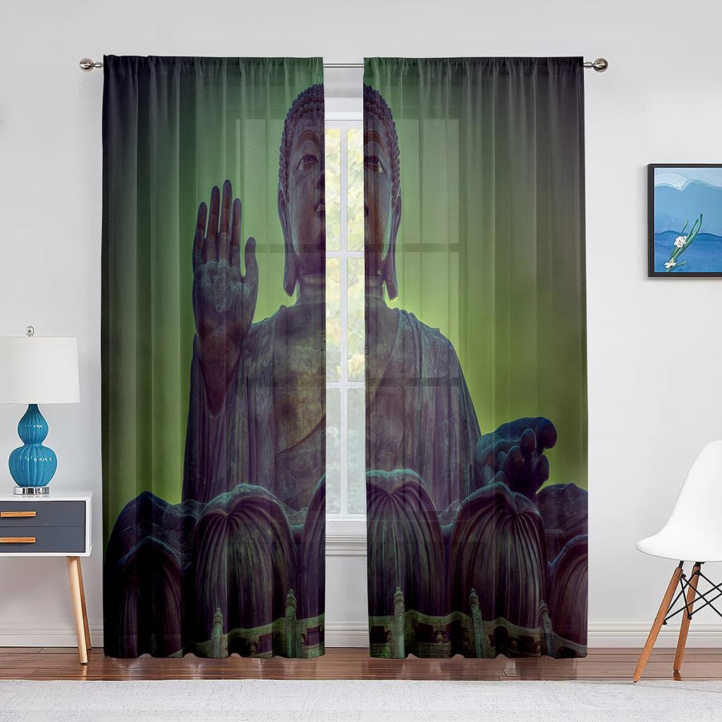 Buddhist Buddha Statue Golden Light Sunset Thin Curtain for Living Room Kitchen Window Bedroom Decor Curtains 2panels Rod Pocket
