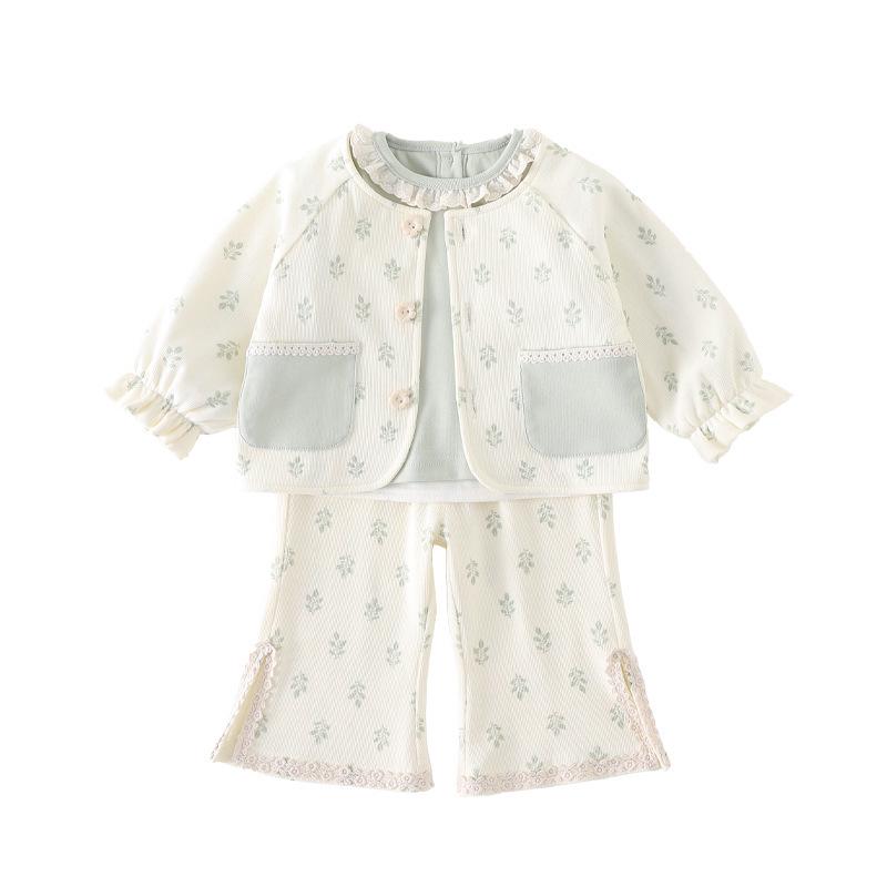 Spring 2026 Baby Girl Three-Piece Set: Flare Pants, Printed Top, and Jacket